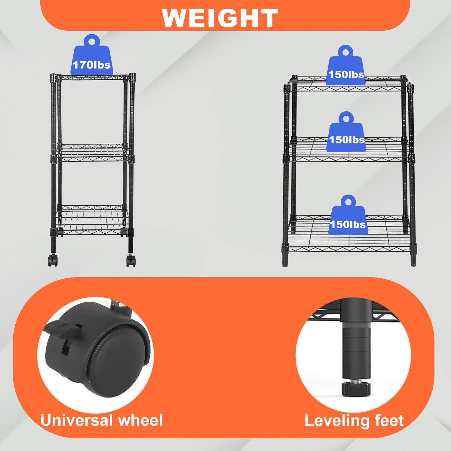PayLessHere | 6-Tier Wire Shelf with Wheels | 45"x18"x82" | Black