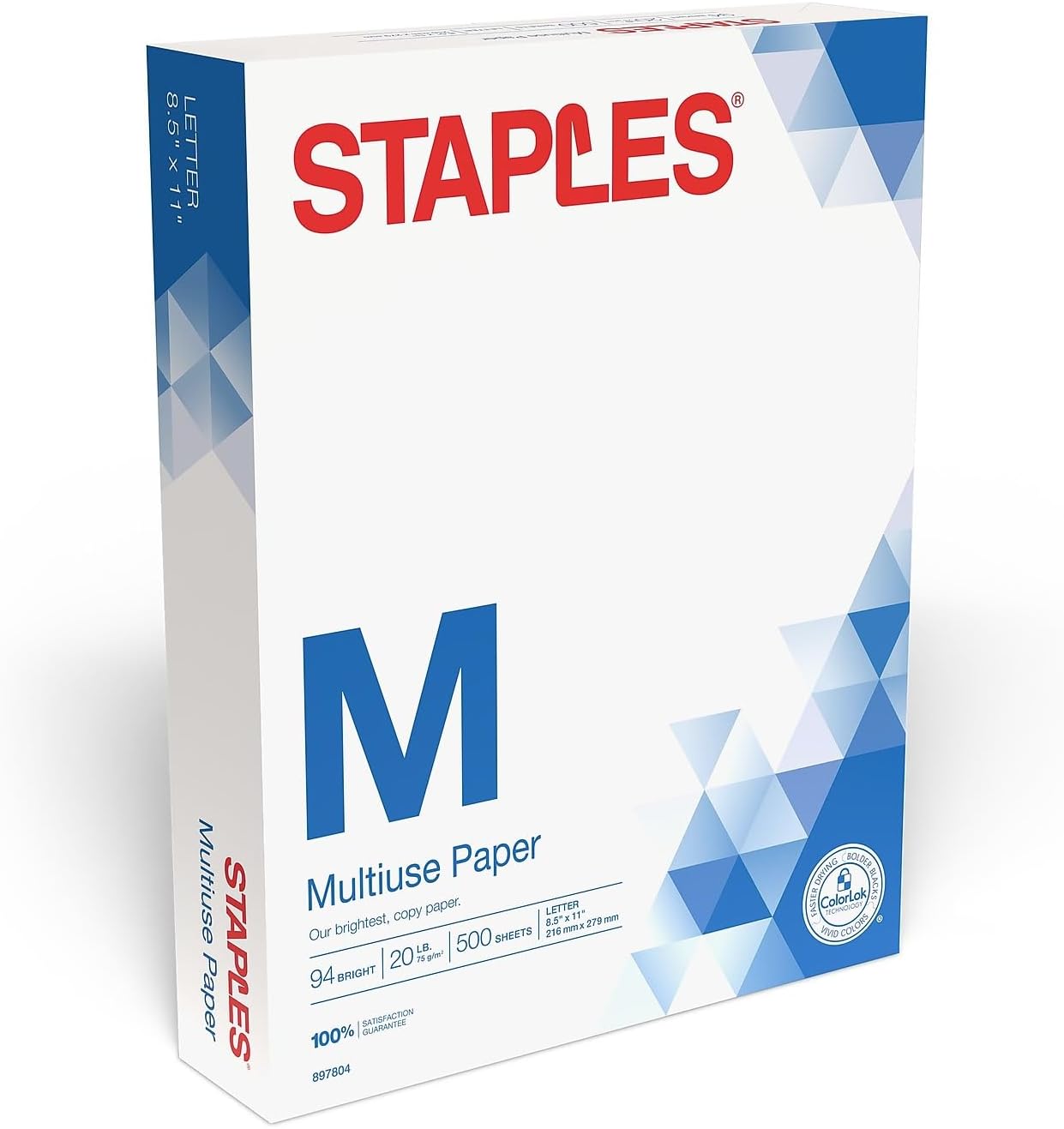Staples Multipurpose Copy Paper, 8.5x11, 20lb, 94 Bright, 10 Reams/Carton | 5,000 white sheets total. Smooth finish reduces jams in copiers, laser & inkjet printers.