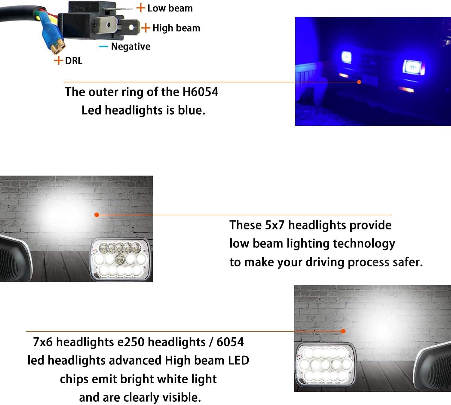 ROLINGER 2PCS Plug&Play Sealed Beam LED Light 7x6 5x7 with Blue Halo Ring | H6054 Auto Lights Off Road Compatible with Wrangler YJ XJ Cherokee E250