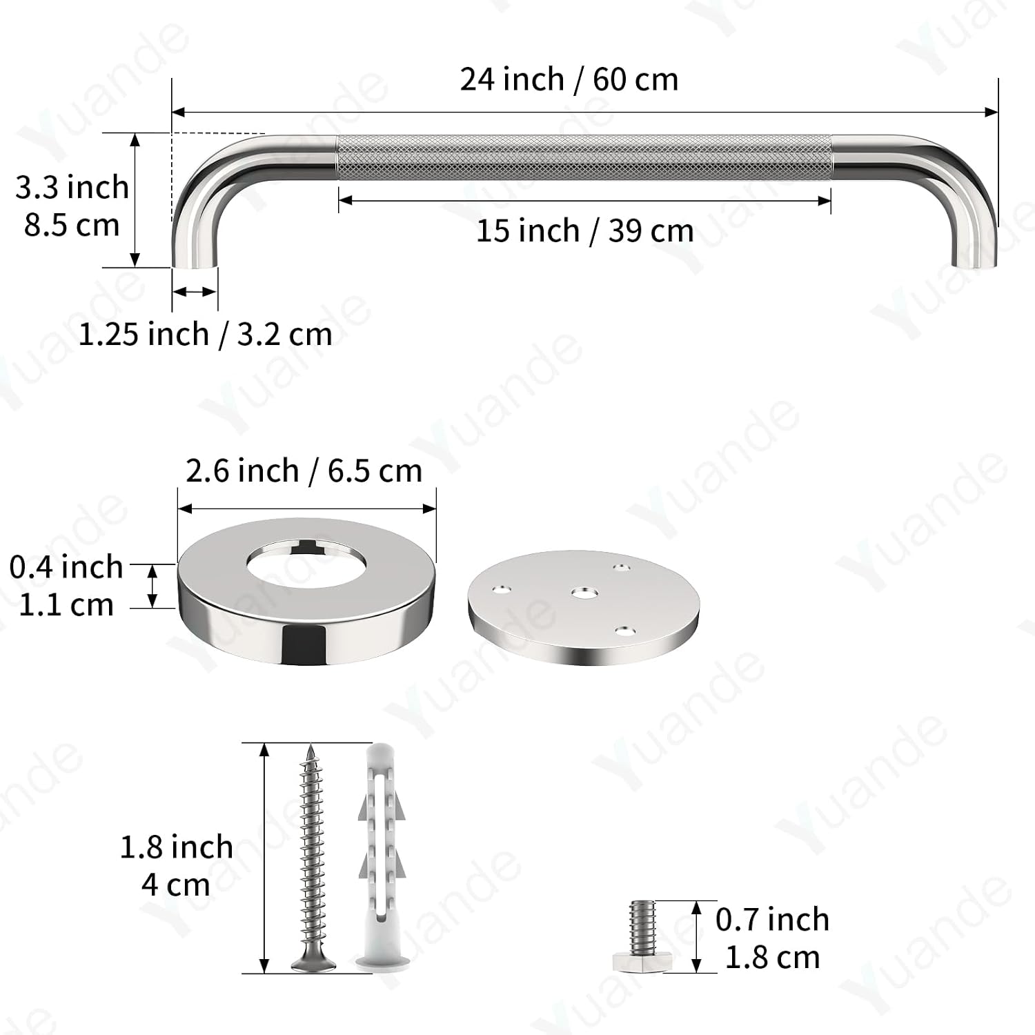 40 Inch Brushed Nickel Shower Grab Bar Anti-Slip Knurled Grip,Safety Handle | YuanDe 1.25" Diameter Stainless Steel Bathroom Grab Bars, Handicap Injury Elderly Senior Assist Support Shower Handle-2Packs