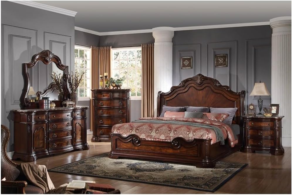 Best Master Barney's 2-Piece Wood Dresser and Mirror Set in Walnut w/Marble Top