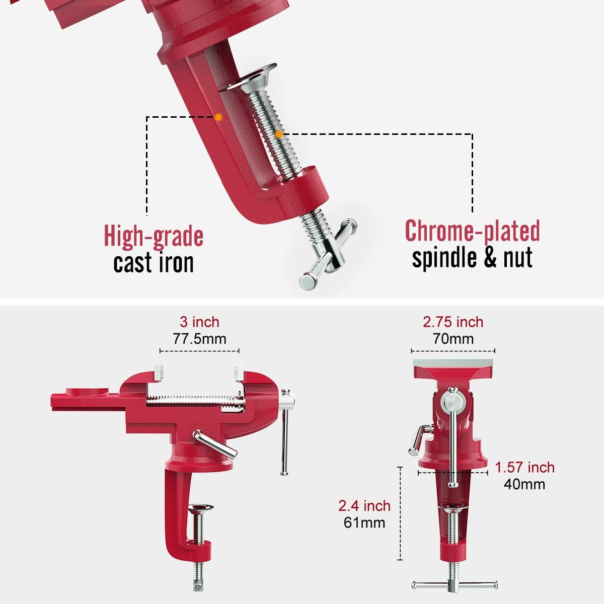 Housolution Universal Table Vise 3 Inch, 360°Swivel Base Bench Clamp