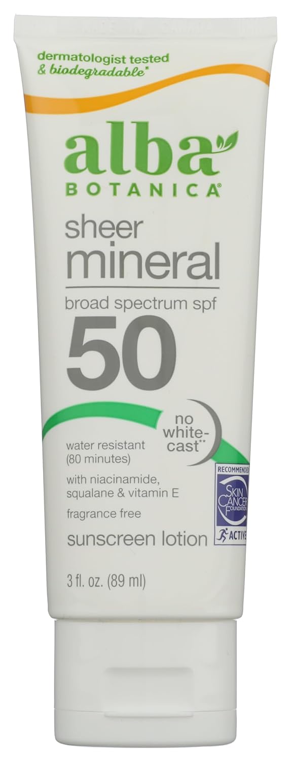 Alba Botanica Mineral Sunscreen Lotion SPF 50, Broad Spectrum, Fragrance Free, 3 Fl Oz (Packaging May Vary)