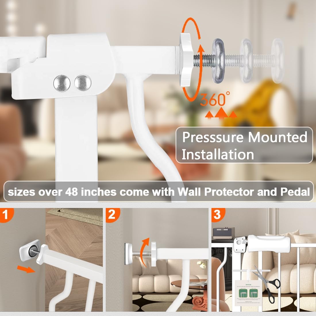 Fairy Baby Extra Wide Baby Gate for Doorways Auto Close Safety Gates for Bedroom, Fits 57.5 Inch to 62 Inch with Pressure Mounted Extention Kit, White | Pressure Mounted No Drill Pet Gate with Door, Heavy Duty Walk-Through Gate for Toddlers, Kids, Dogs,…