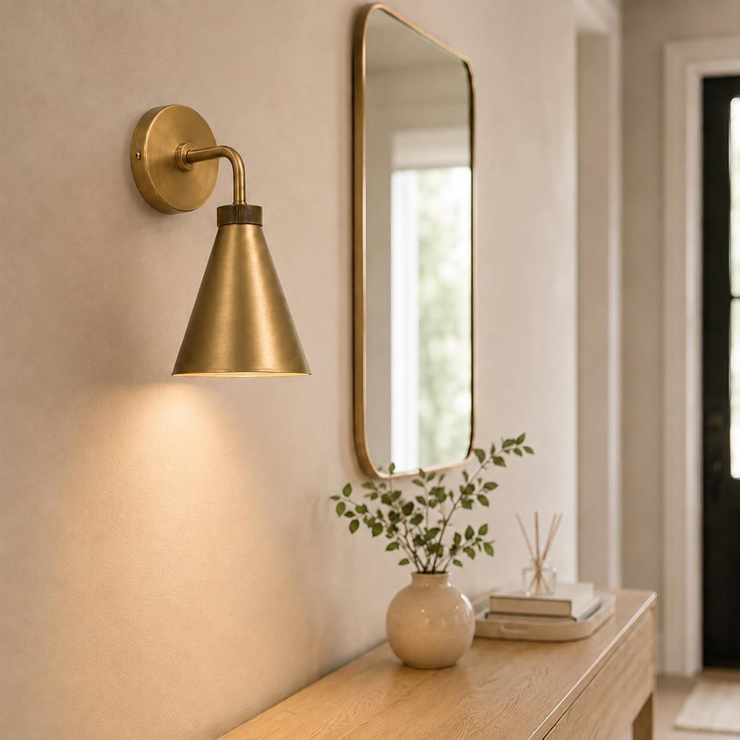 Vintage Metal Cone Wall Sconce, 6" W x 6" L x 11" H | Retro Industrial, Handmade, Antique Brass, Metal Shade, Wall Mount Lighting for Hallway