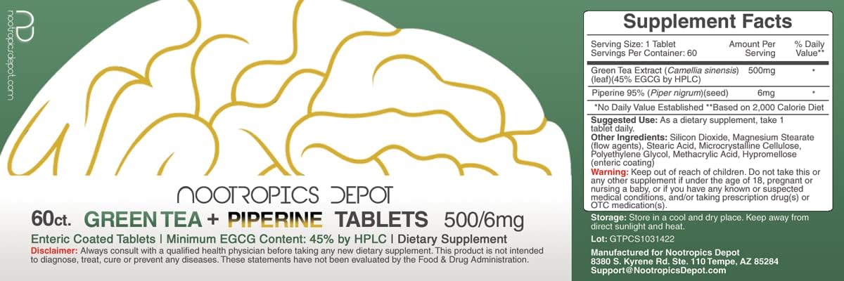 Nootropics Depot Green Tea Extract Tablets | 60 Count | 500mg | Minimum 45% EGCG + 6mg Piperine | Enteric Coated