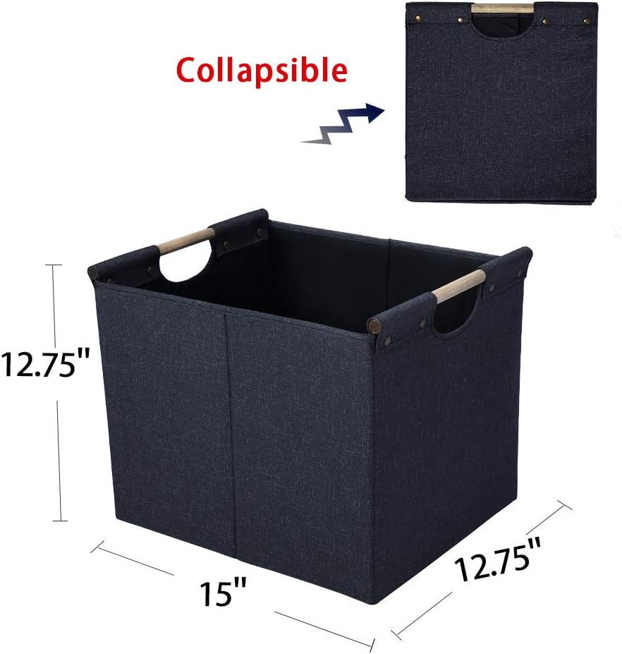 HOONEX Large Collapsible Storage Bins, Linen Fabric, 2 Pack, Storage Baskets with Wooden Carry Handles and Sturdy Heavy Cardboard, for Home, Office