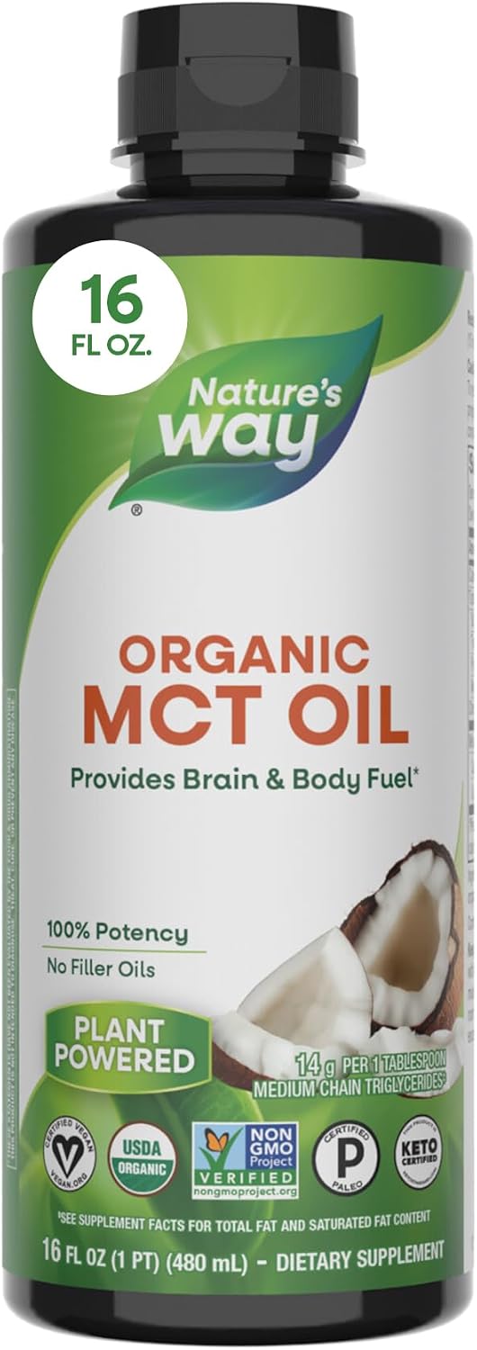 Nature's Way Organic MCT Oil, Brain and Body Fuel*, Keto & Paleo, 16 Fl Oz | Liquid Coconut MCT Oil with C8 Caprylic & C10 Capric Acids, 14 g Medium Chain Triglycerides per Serving, Non-GMO