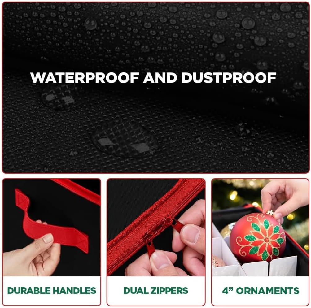 Christmas Ornament Storage Container with Dividers - Box Stores Up to 54 Ornaments, Zippered, Convenient, Adjustable