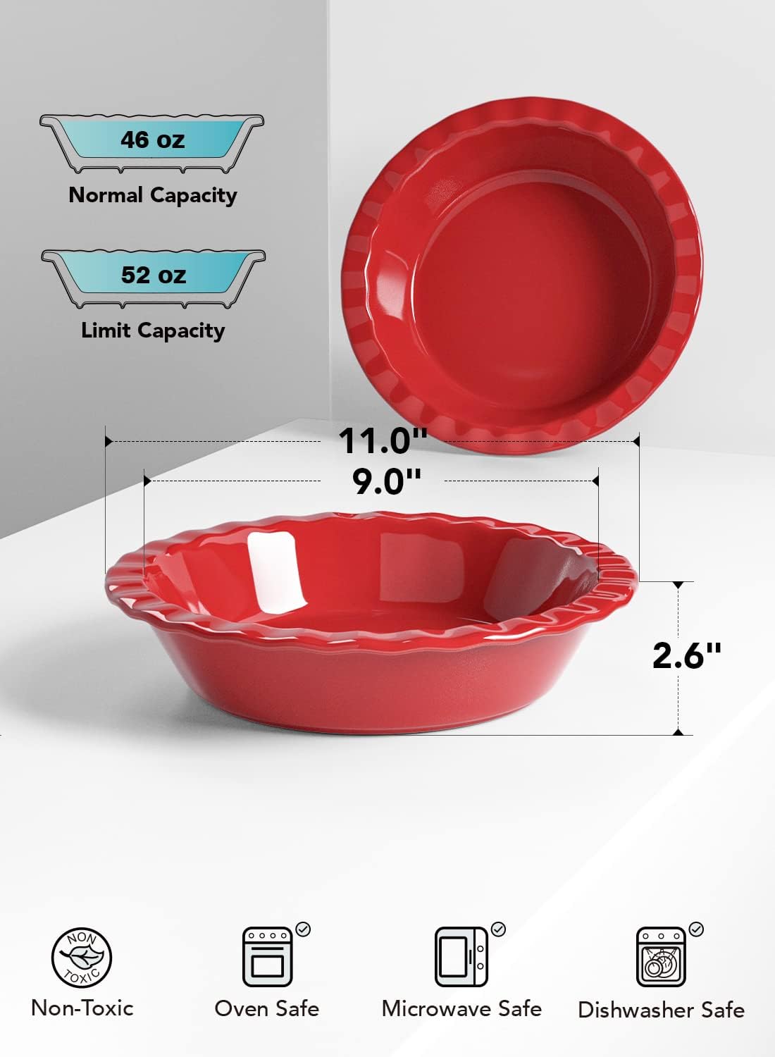 LE TAUCI Ceramic Pie Pans Plate for Baking, 9 inch Deep Dish Baking Dish, 52 ounce Bakeware for Apple Pecan Pie, Set of 2, White