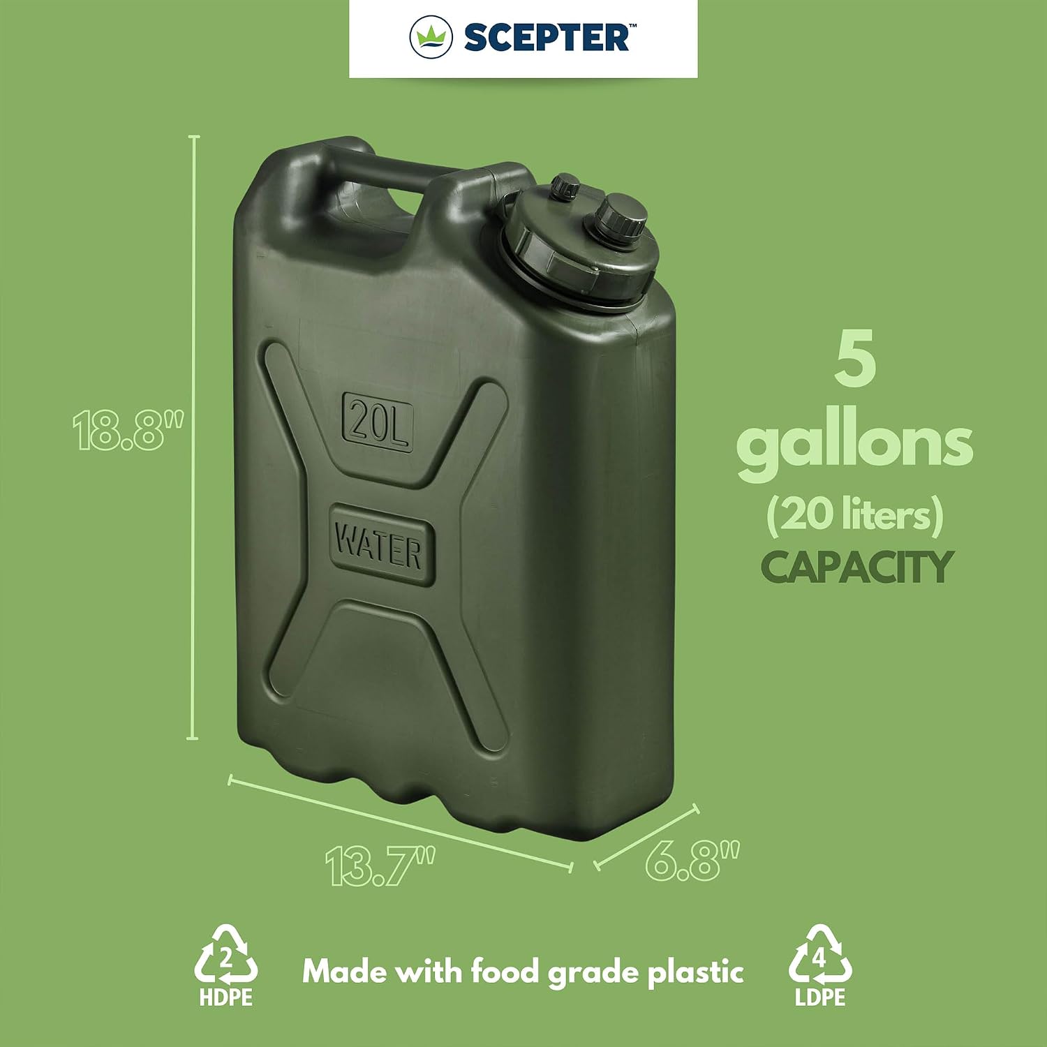 Scepter Portable Military Style Water Container for Camping & Outdoors, 5 Gallon