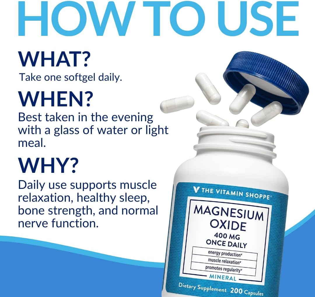 The Vitamin Shoppe Brand Magnesium Oxide 400 mg, Bone Support, 200 Count | Daily Magnesium Mineral for Muscle Relaxation