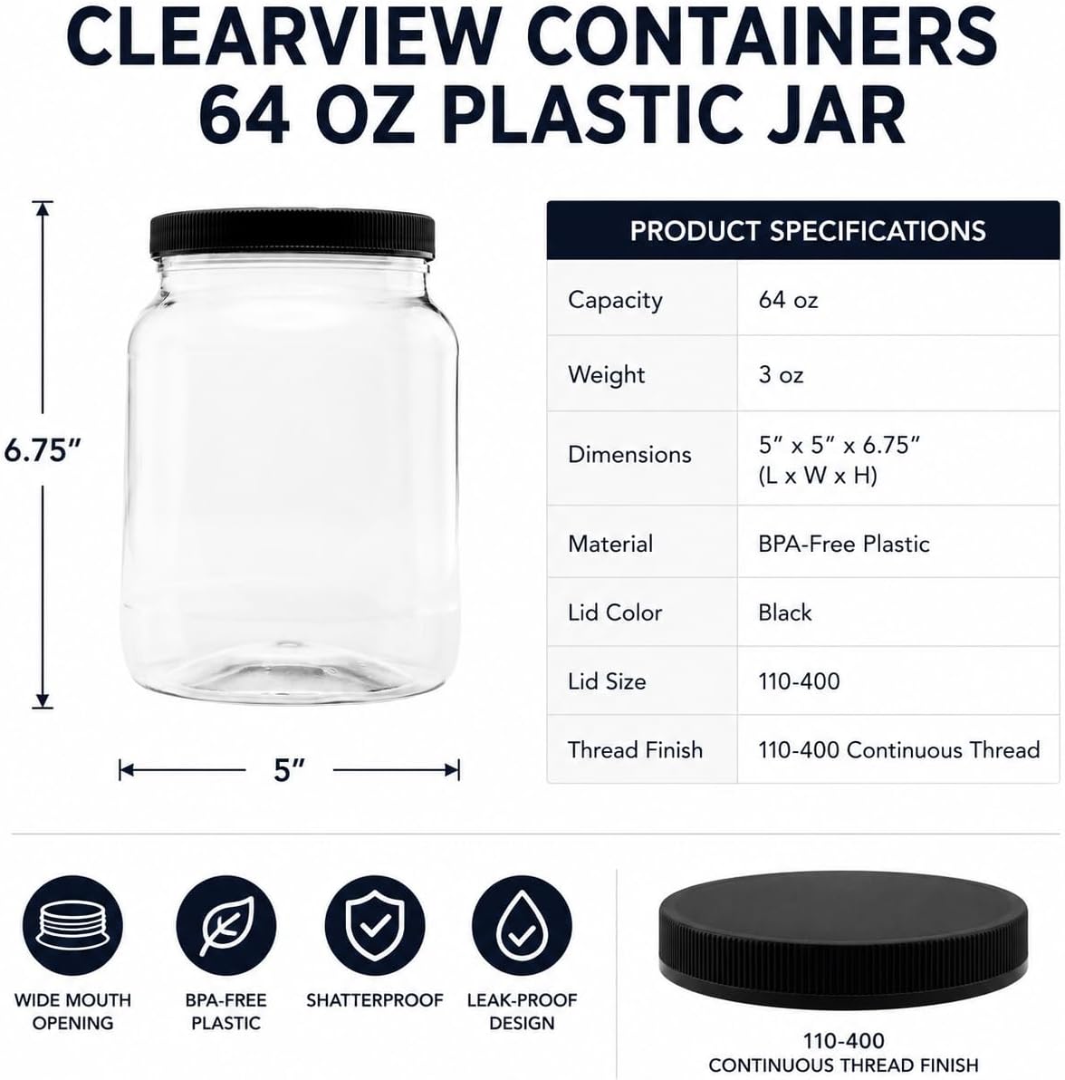 1 Pack - 128 oz (1 Gallon) Plastic Storage Jars with 110-400 Leak Proof Black Lids, Food Grade, BPA Free, Hand Wash Only (128oz, BLK, 1PK)