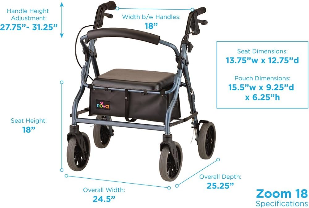 NOVA Zoom 22 Rollator Walker for Seniors, Rolling Walker with Locking Hand Brakes, Padded Seat & 8" Wheels, Lock N Load for Easy Transport & Storage, Adjustable Height 5'5"–6'1", Red