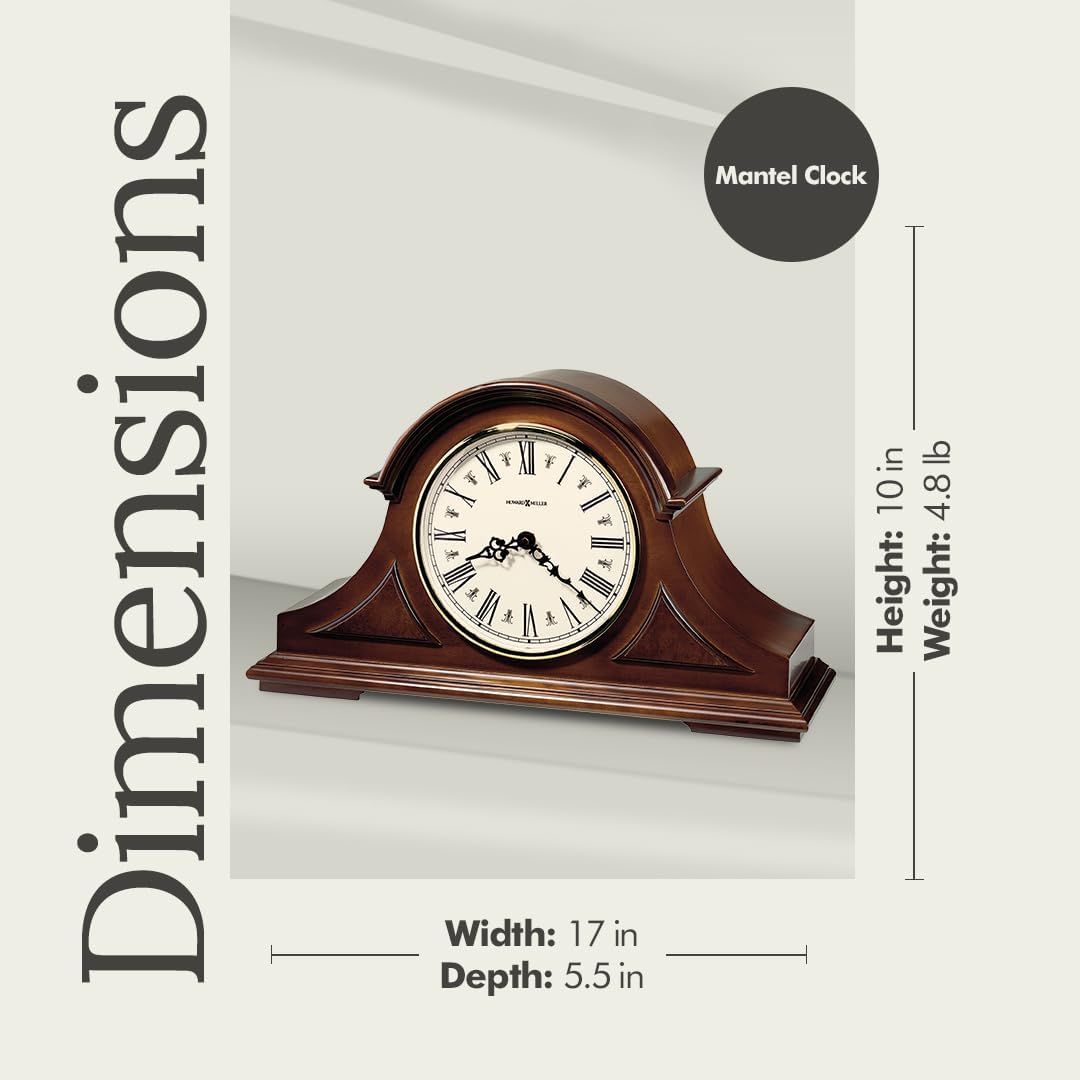 Howard Miller Burton II Mantel Clock – Windsor Finish, Triple-Chime Quartz Movement, Roman Numerals, Volume Control, Nighttime Shutoff