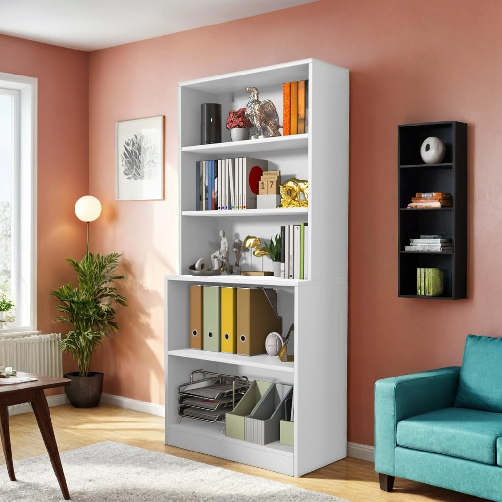 holzart 71" Tall Book Shelf, 5 Tier Large Bookshelf, Standing Wood Display Book Shelf for Living Room, Office, Library with Doors, 31.5" W x 70.87" H x 11.81" D, White