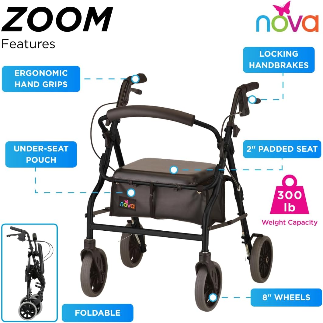 NOVA Zoom 22 Rollator Walker for Seniors, Rolling Walker with Locking Hand Brakes, Padded Seat & 8" Wheels, Lock N Load for Easy Transport & Storage, Adjustable Height 5'5"–6'1", Red