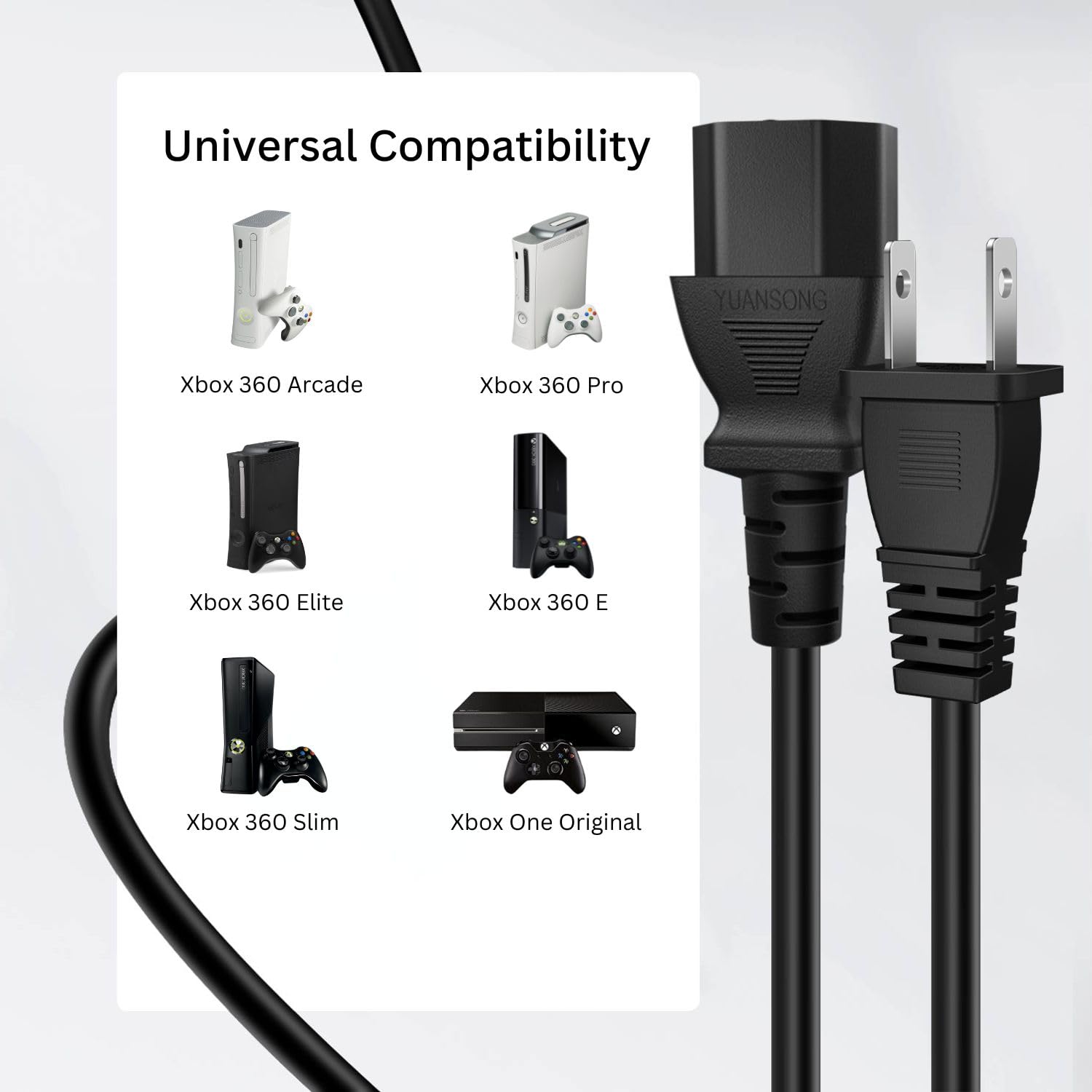 TNP 2 Prong AC Power Cord for Xbox 360 E, Slim, PS4 Pro, 10 ft, Black | Replacement Cable for Xbox One Original, Xbox 360 Pro, Elite, Arcade, Jasper and Falcon; Check Connector Before Purchase