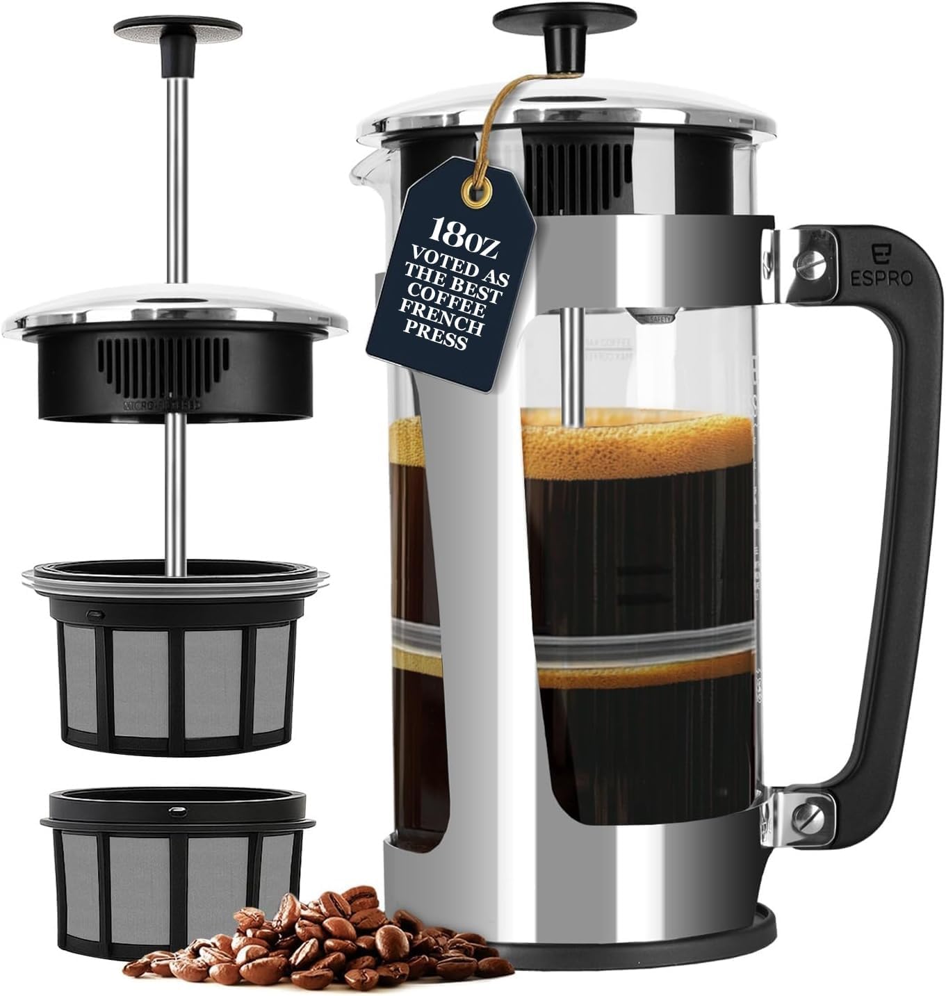 ESPRO P3 French Press Coffee Maker, 32oz, Black, Double Micro Filter Press | Grit-Free Coffee Press, Thicker Borosilicate Heat Resistant Glass french press, Tea Press, Easy Coffee Brewer, Tea Brewer