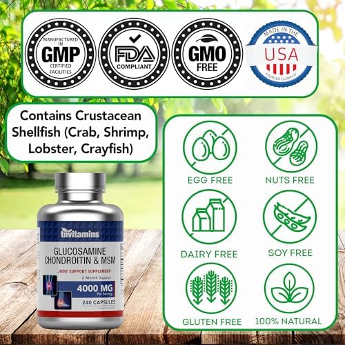 tnvitamins Glucosamine Chondroitin MSM Capsules, 240 Count | 4, 000 mg Per Serving | 2, 000 mg Glucosamine Sulfate 2KCl + 2