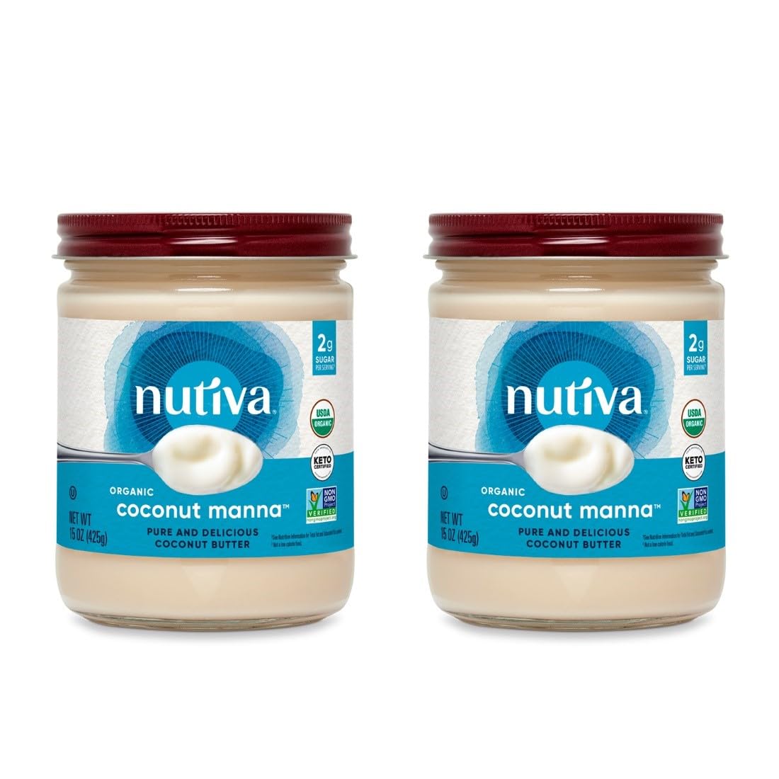 Nutiva Organic Coconut Manna Puréed Coconut Butter, 15 Oz (Pack of 2), USDA Organic, Non-GMO, Whole 30 Approved, Vegan, Gluten-Free & Keto