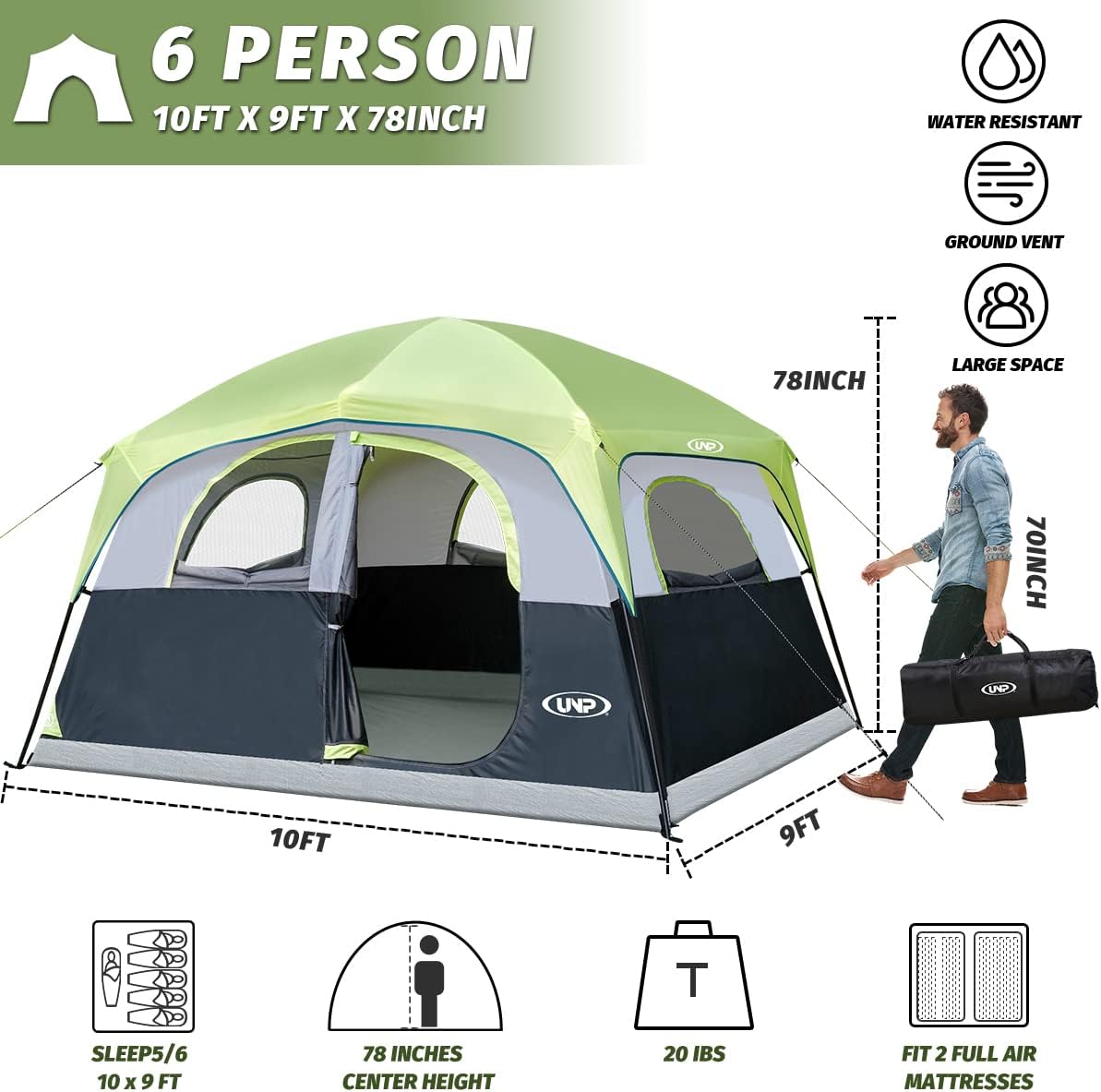 UNP 6 Person Tents for Camping Waterproof Family Cabin Tent with Rainfly