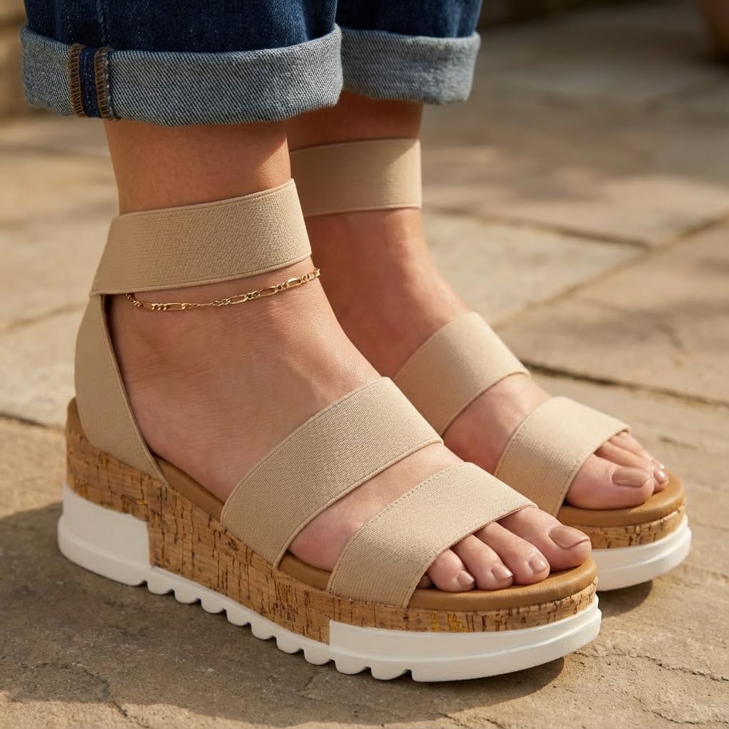 CUSHIONAIRE Naomi Cork Wedge Sandals for Women – Soft Stretch Straps Comfortable Platform Sandals for Women with Memory Foam Insole