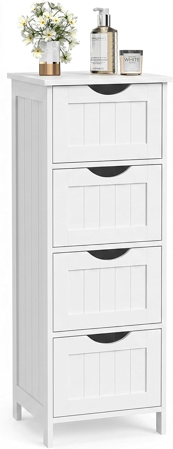 VASAGLE Floor Storage Cabinet, Freestanding Storage Organizer with 4 Drawers, 11.8 x 11.8 x 32.3 Inches, for Living Room, Bathroom, Dining Room, Kitchen, Modern Style, Cloud White ULHC040WH01S