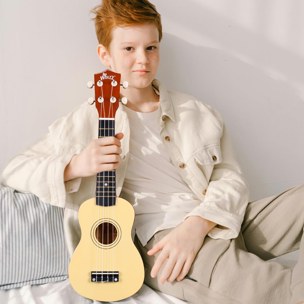 Winzz Soprano Ukulele Starter Kit For Beginners with Bag, Clip-On Tuner, Extra Strings, Strap, Plectrum, Fret Stickers, Chords Card, Polishing Cloth, Black