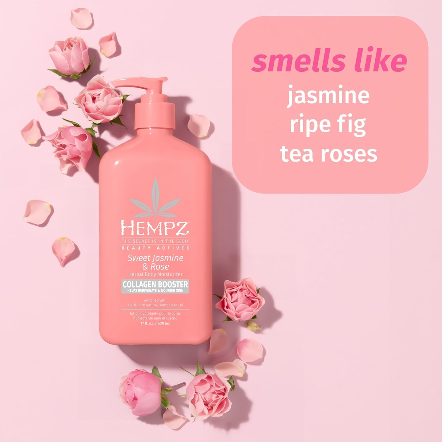 Hempz Sweet Jasmine & Rose Herbal Body Moisturizer for Women, 17 Fl. oz. - Moisturizing Lotion with 100% Pure Hemp Seed Oil, Collagen