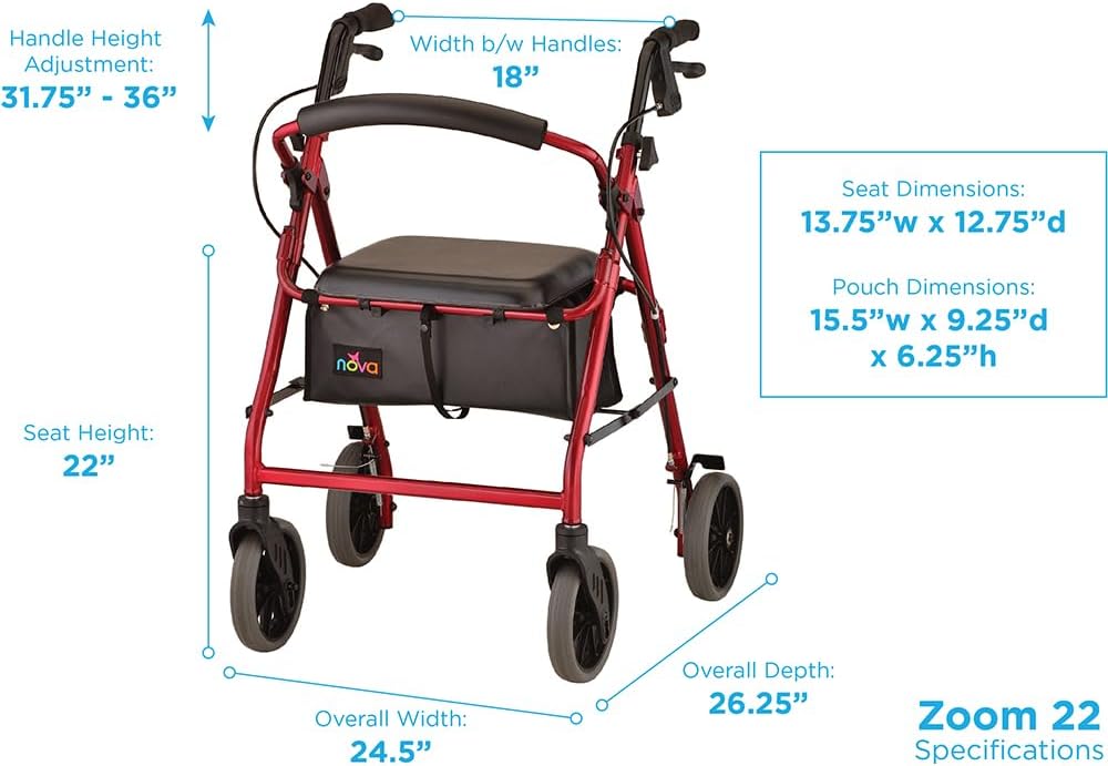 NOVA Zoom 22 Rollator Walker for Seniors, Rolling Walker with Locking Hand Brakes, Padded Seat & 8" Wheels, Lock N Load for Easy Transport & Storage, Adjustable Height 5'5"–6'1", Red