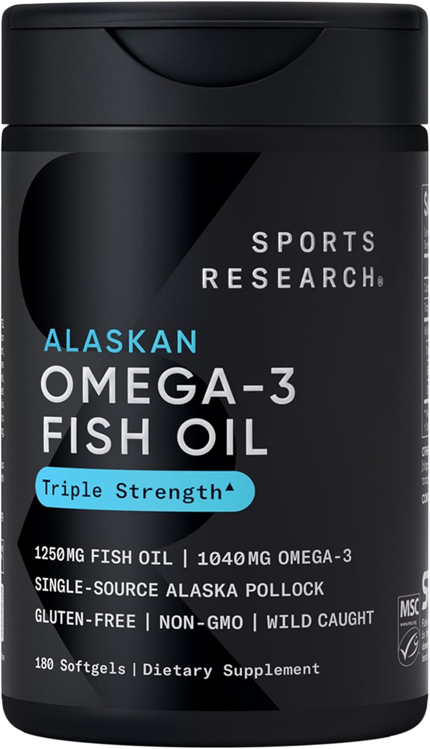 Sports Research® Omega-3 Fish Oil 1250mg from Wild Alaska Pollock,180 Count | Always Fresh Never Fishy | 690mg EPA 260mg DHA per Softgel · Heart & Brain Health* · MSC Certified Sustainable - 180 Servings