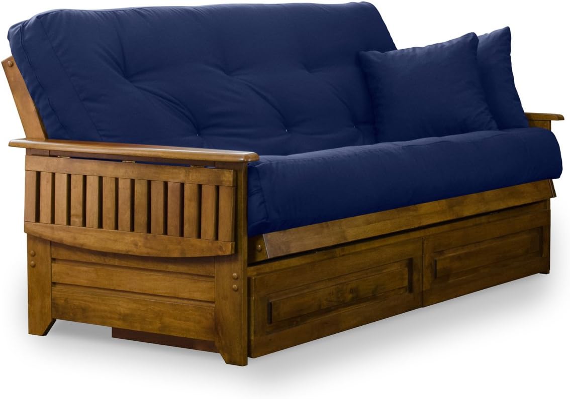 Brentwood Tray Arm Futon Frame, Drawers, and Khaki Mattress Set - Queen, Rich Heritage Finish