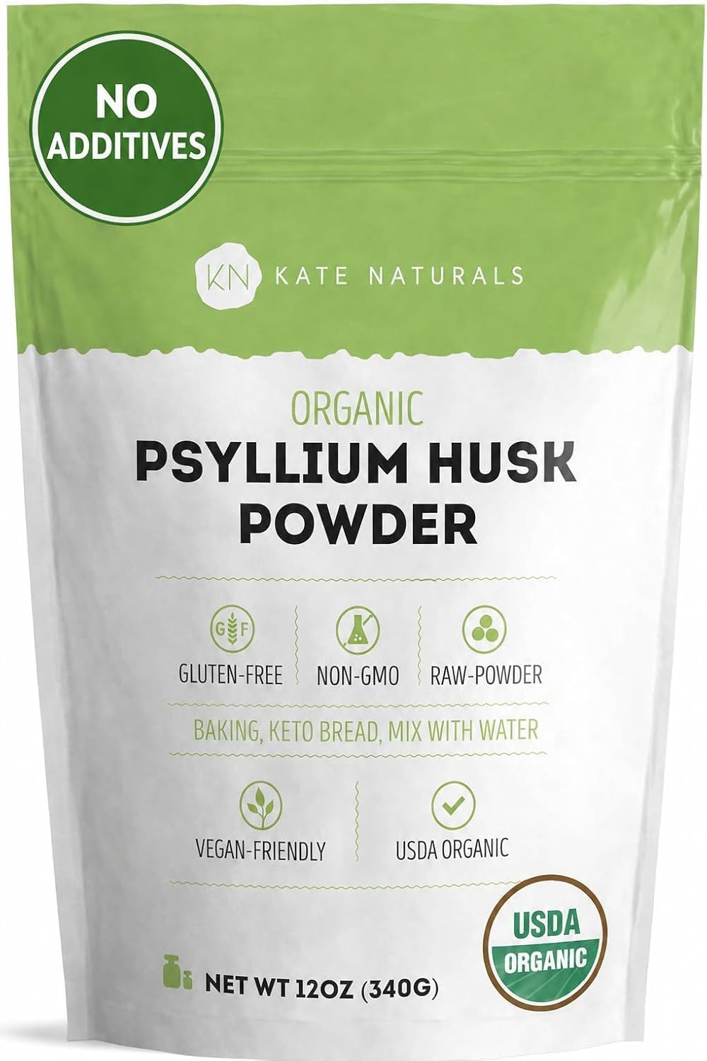 Kate Naturals Psyllium Husk Powder for Fiber and Baking Bread, 12oz | Organic, Gluten Free, Fine Ground, For Digestion, Mixes Easily with Juice & Smoothies