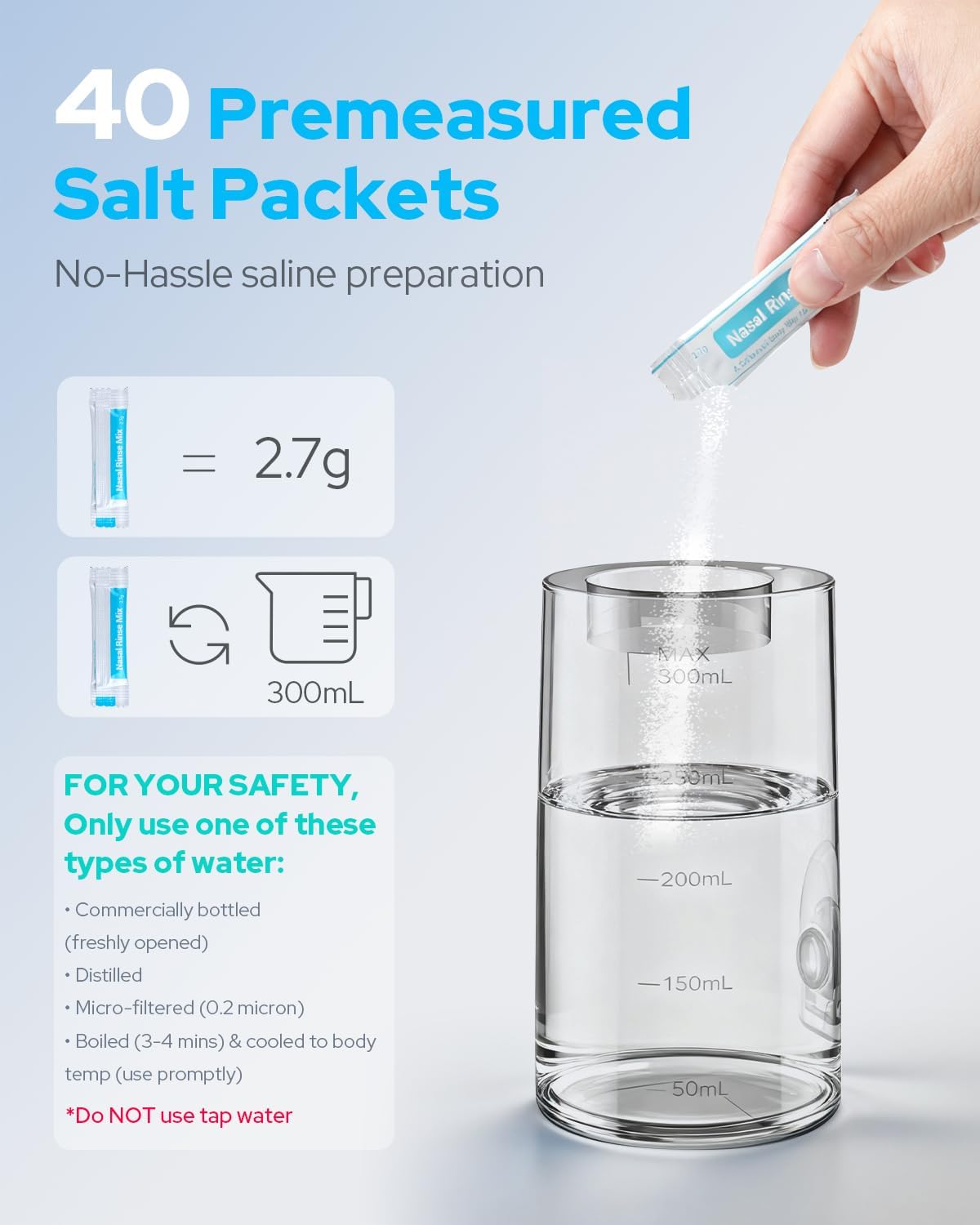 Nasal Irrigation System 300ml Tank with 6 Nozzles & 40 Salt Packets, Cordless Electric Nasal Rinse Machine for Sinus Relief & Allergies