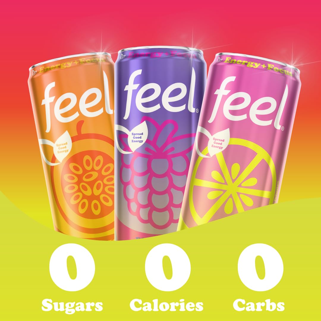 FEEL Variety Pack – Zero Sugar Sparkling Energy Drink – 3 Flavor Assortment, 140mg Plant-Based Caffeine from Green Coffee Beans + L-Theanine – Vitamin C, Vegan, Non-GMO – 12 Pack (12 Fl Oz Cans)