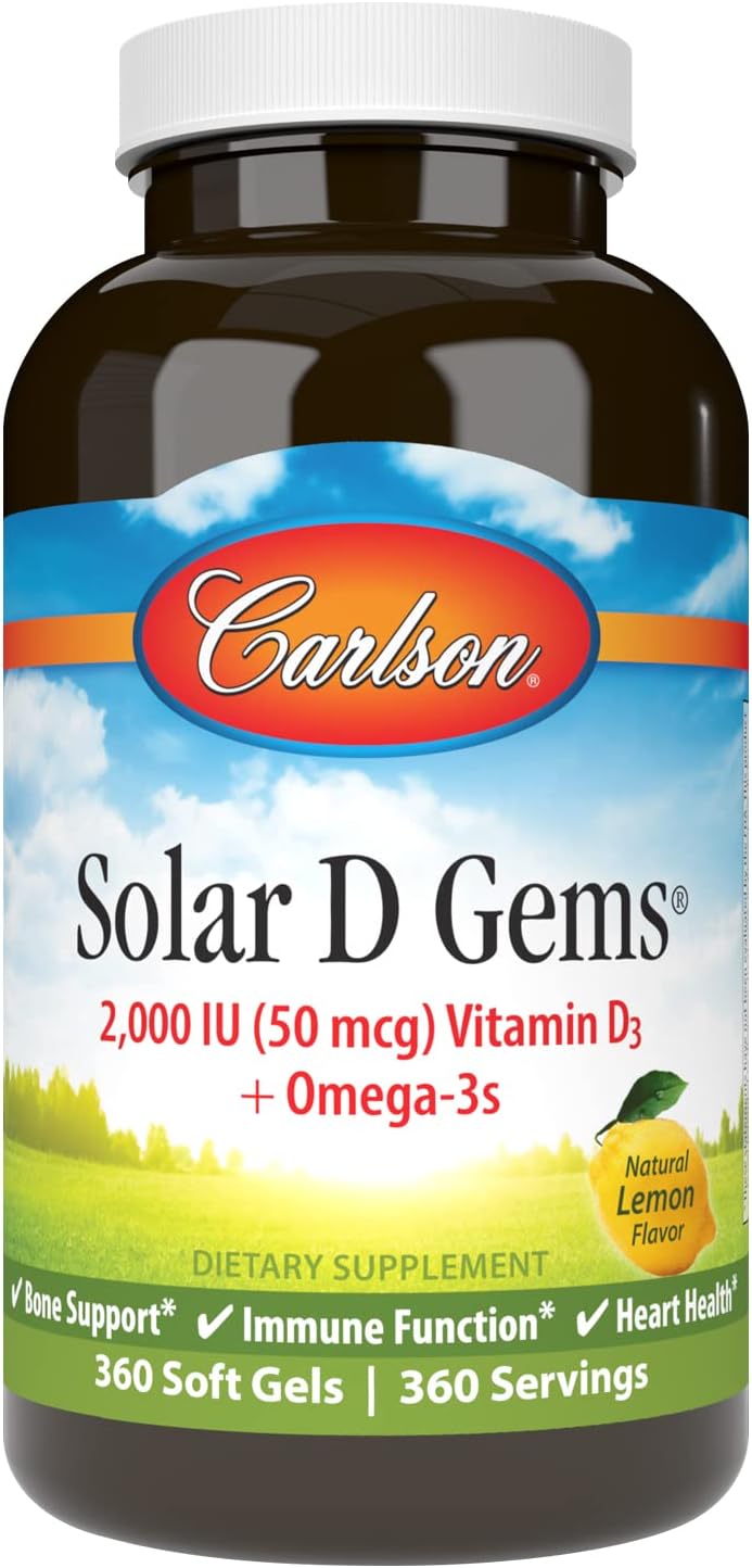Carlson Solar D Gems, 2000 IU (50 mcg) Vitamin D3, Lemon, 360 Softgels | Vitamin D3 and Omega-3 Supplement, 115 mg Omega-3s EPA and DHA Supplement