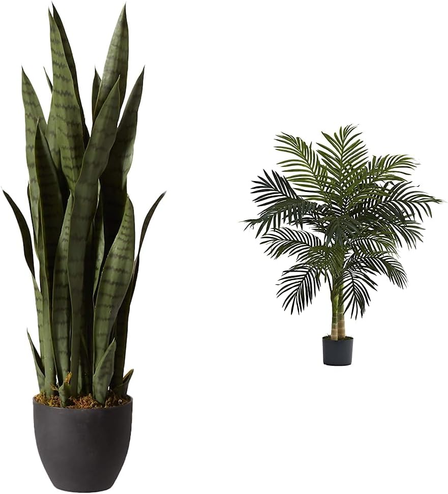Nearly Natural 35in. Sansevieria with Black Planter and 4ft. Corn Stalk Dracaena Silk Plant (Real Touch), Green