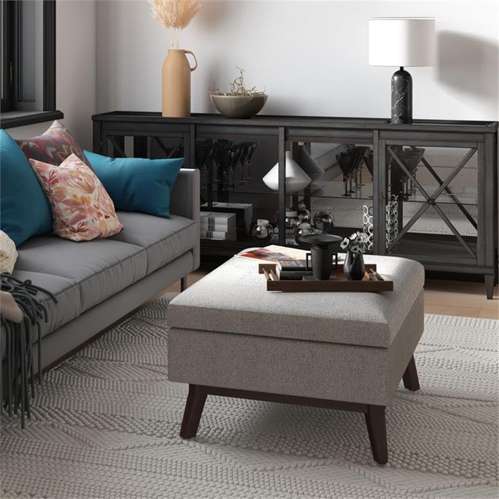 SIMPLIHOME Owen 34" Wide Vegan Leather Lift Top Ottoman in Dark Blue