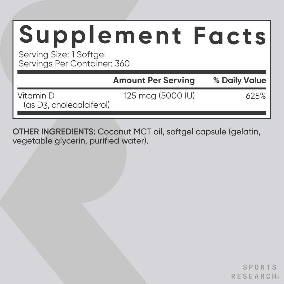 Sports Research® Vitamin D3 5000iu/125mcg with Coconut Oil, 360 Softgels | Extra Strength Vitamin D Supplement | Immune, Bone, Mood Support | Non-GMO, Soy Free - 360 Servings