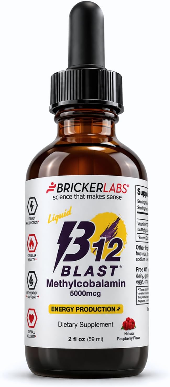 Bricker Labs B12 Blast Methylcobalamin 1000mcg, Great Tasting Sublingual Liquid Energy Vitamins -Vegan B12 Vitamins, Sustained Energy and Cellular Energy Supplement - 59-Day Servings