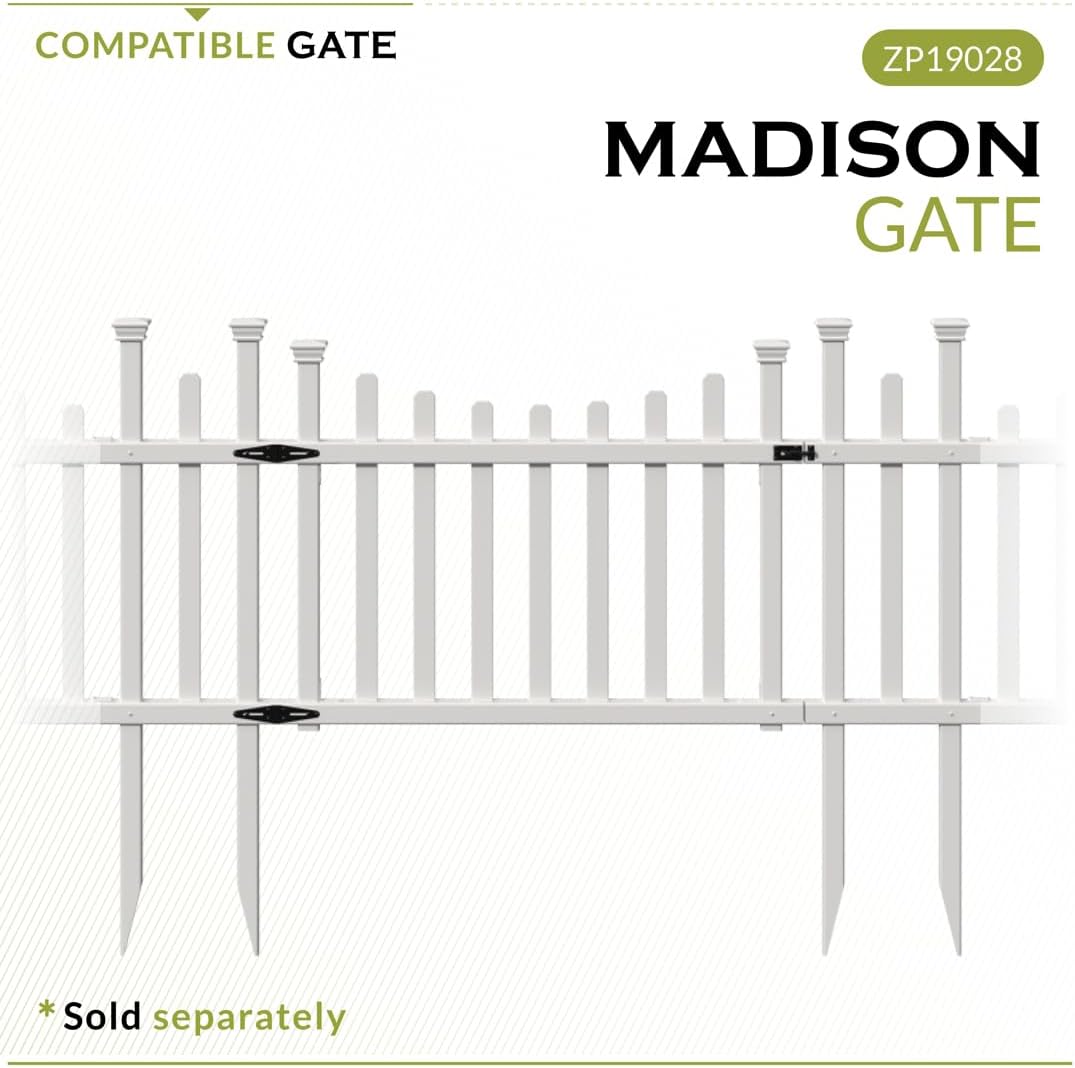 Zippity Madison Picket Fence Panels, White Vinyl DIY No Dig Kit | 2.5ftH x 2.3ftW, White, 2 Panels, Garden Border or Yard Enclosure, ZP19001