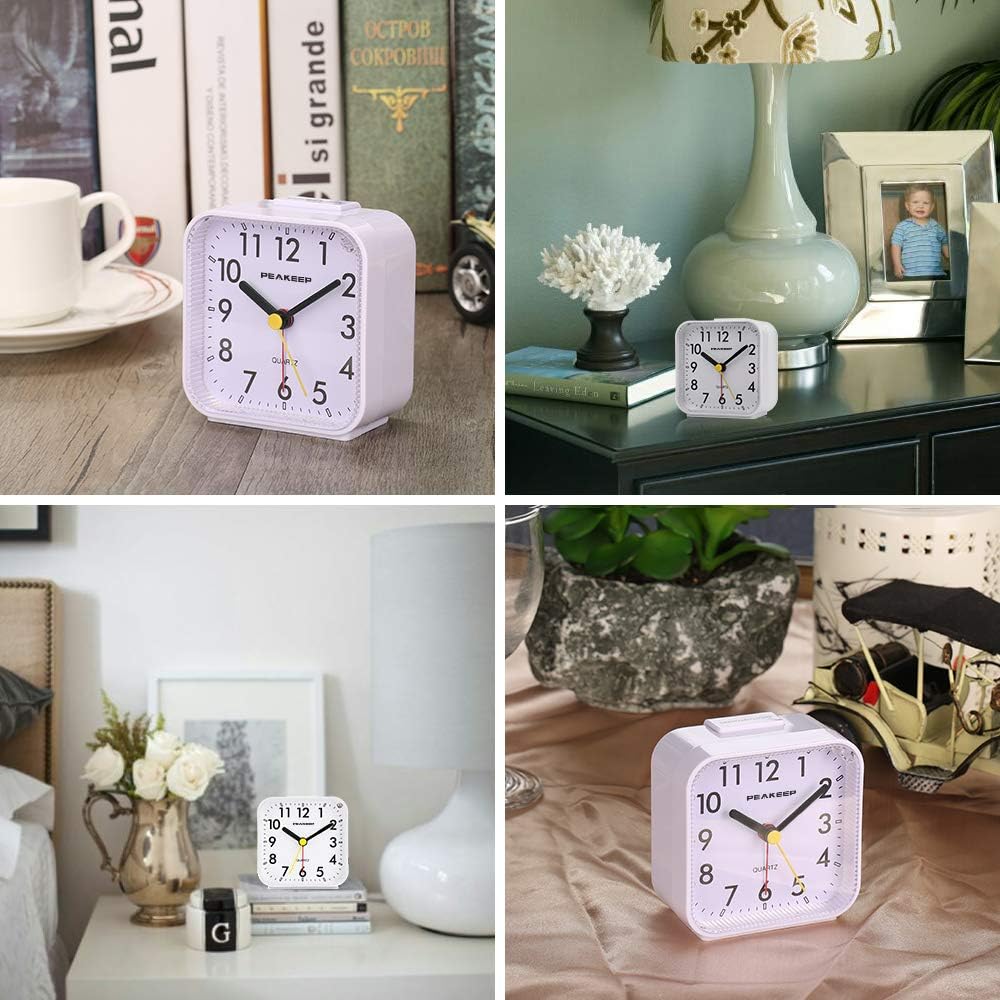 Peakeep Small Battery Operated Analog Travel Alarm Clock Silent | No Ticking, Lighted on Demand and Snooze, Beep Sounds, Gentle Wake, Ascending Alarm, Easy Set (Black)