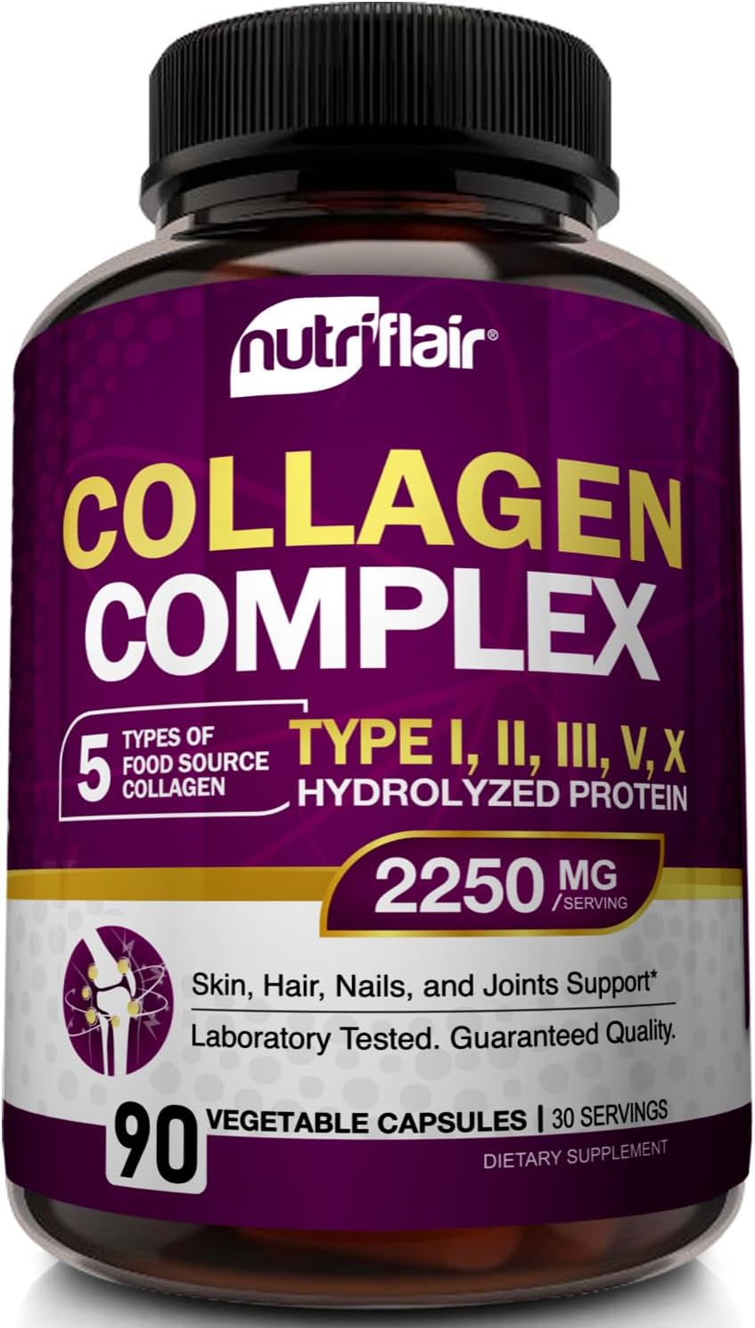 NutriFlair Multi Collagen Peptides 2250mg, 90 Capsules - Type I, II, III, V
