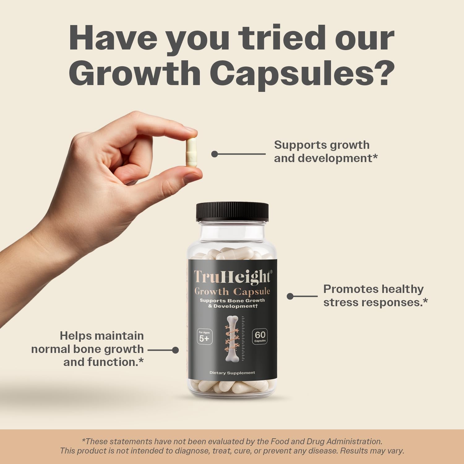 TruHeight Growth Capsules - Tall Nutrition for Natural Growth Supplement for Kids & Teens - Pediatric Vitamin D, K, Calcium & Ashwagandha - Bone Strength - Kids Vitamins D3 K2 Pills, Taller Ages 5+