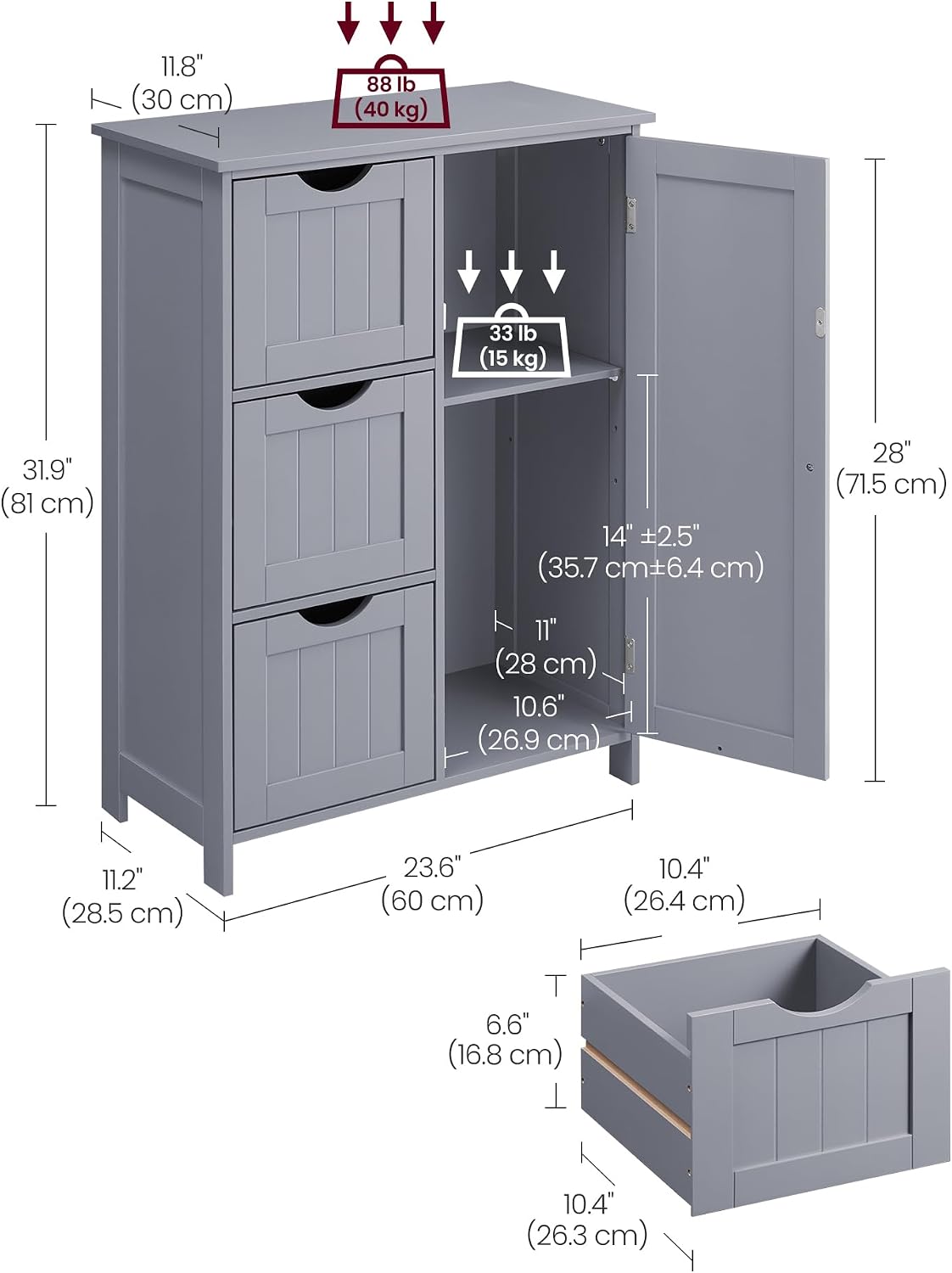 VASAGLE Floor Storage Cabinet, Freestanding Storage Unit with 2 Adjustable Shelves, for Bathroom Living Room Dining Kitchen, 11.8 x 23.6 x 31.5 Inches, Cloud White UBCB60WV1