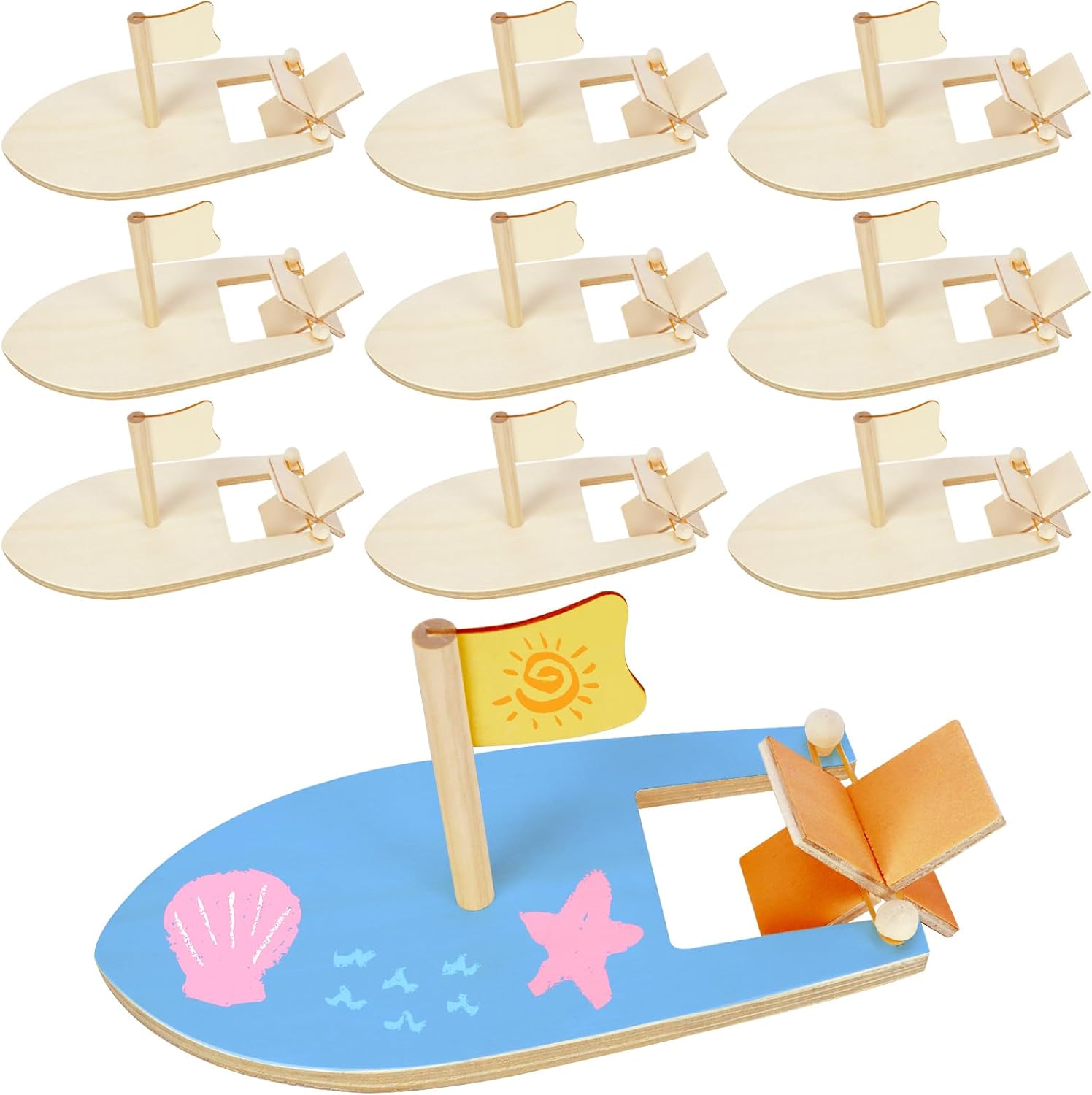 Amersumer 10 Pcs DIY Toy Wood Boat Craft Kits, Mini Wooden Sailboat Kits, Paddle Boats Paint and Decorate for School Projects