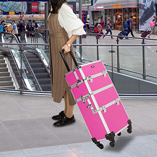 mefeir 3 in 1 Rolling Makeup Train Case, Aluminum Makeup Travel Organizer Cosmetic Case, Cosmetology Display Suitcase on Wheels, Beauty Storage Luggage Lockable w/4 Removable Wheels, Black