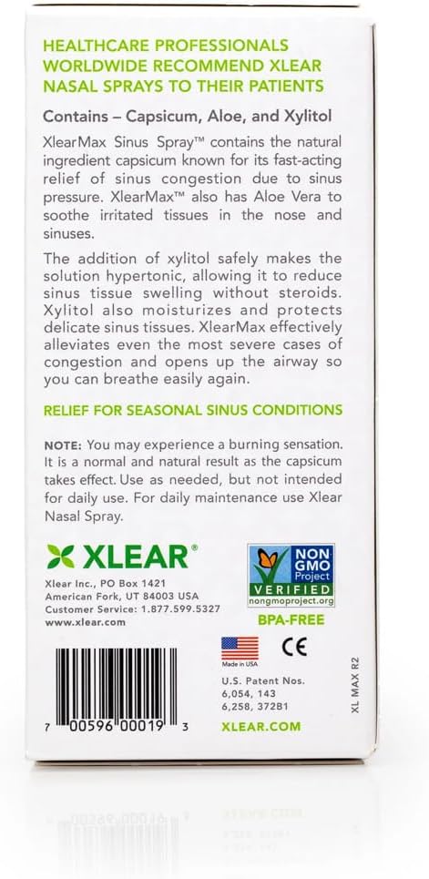 Xlear Max Natural Nasal Spray with Xylitol, 1.5 fl oz (Pack of 4) | Strong Formula with Capsicum and Aloe Vera for Servere Sinus Pressure Relief, Nasal Decongestant, Headache, Dry Nose