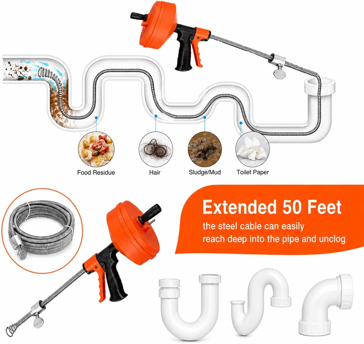 50 FT Double Mode Drain Snake Tools, 14-in-1 Drain Auger for Sink and Drain Unblocking, Plumbing Snake for Kitchen, Bathrom and Shower Sink